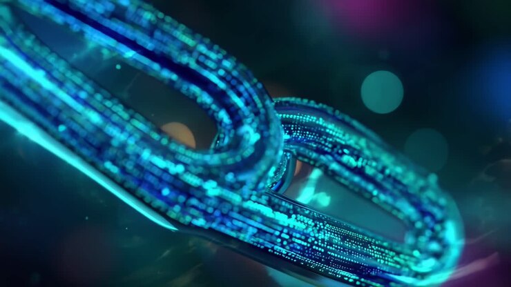 Close-up video of a digital chain link, glowing with blue lights, shot at an angled view