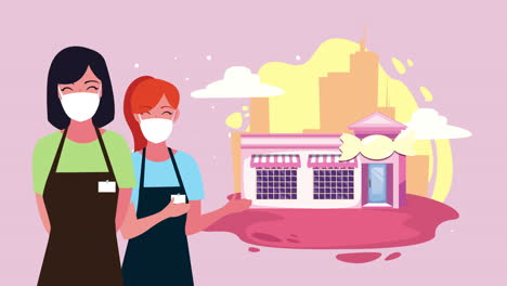 mujeres empleadas con máscaras en una tienda de dulces