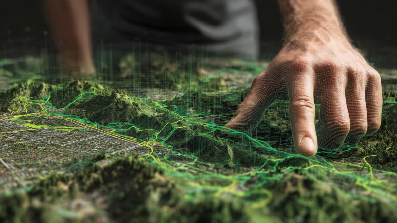 Esplorando il Terreno Digitale: Una Mano Umana con un Modello di Paesaggio 3D, Evidenziando la Tecnologia Geospaziale Avanzata e l'Interazione Ambientale Virtuale