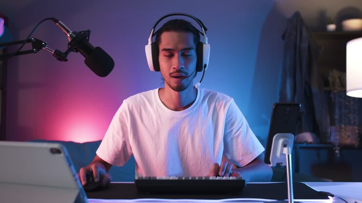 Giovane uomo asiatico che gioca a un videogioco online al computer, con illuminazione colorata che trasmette in diretta da casa. Celebrazione estatica per aver vinto una partita. Stile di vita da gamer, concetto di tecnologia di gioco online E-Sport