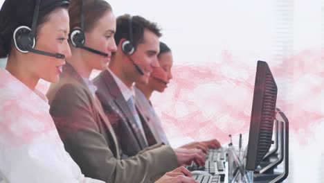 Animation-of-network-of-connections-over-happy-diverse-office-workers-wearing-headsets