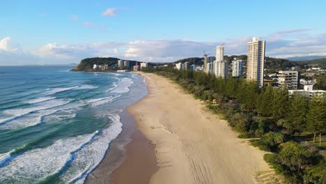 green trees at the sandy seashore of burleigh beach with a view of burleigh headland on the backdrop