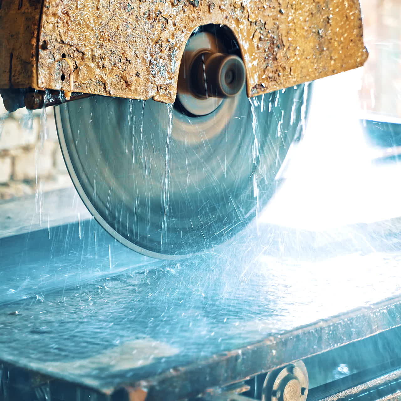 Circle wheel of electric machine for cutting stone slab. CNC manufactoring machine of sawing stone. Process of cutting slab with water. Close-up.