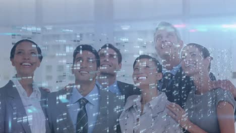 multiple screens with mosaic squares against diverse businesspeople looking up and smiling at office