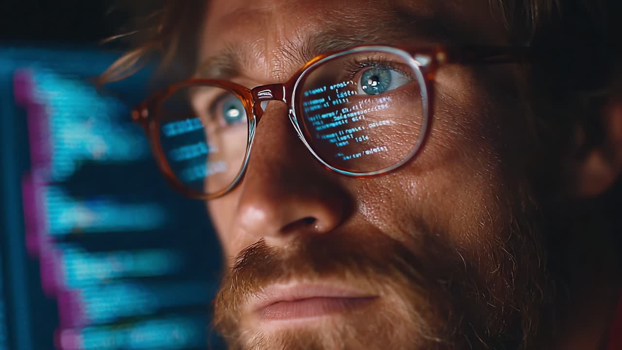 A Focused Programmer Analyzing Complex Code on a Computer Screen, Immersed in the World of Technology and Digital Innovation, Capturing the Essence of Modern Software Development
