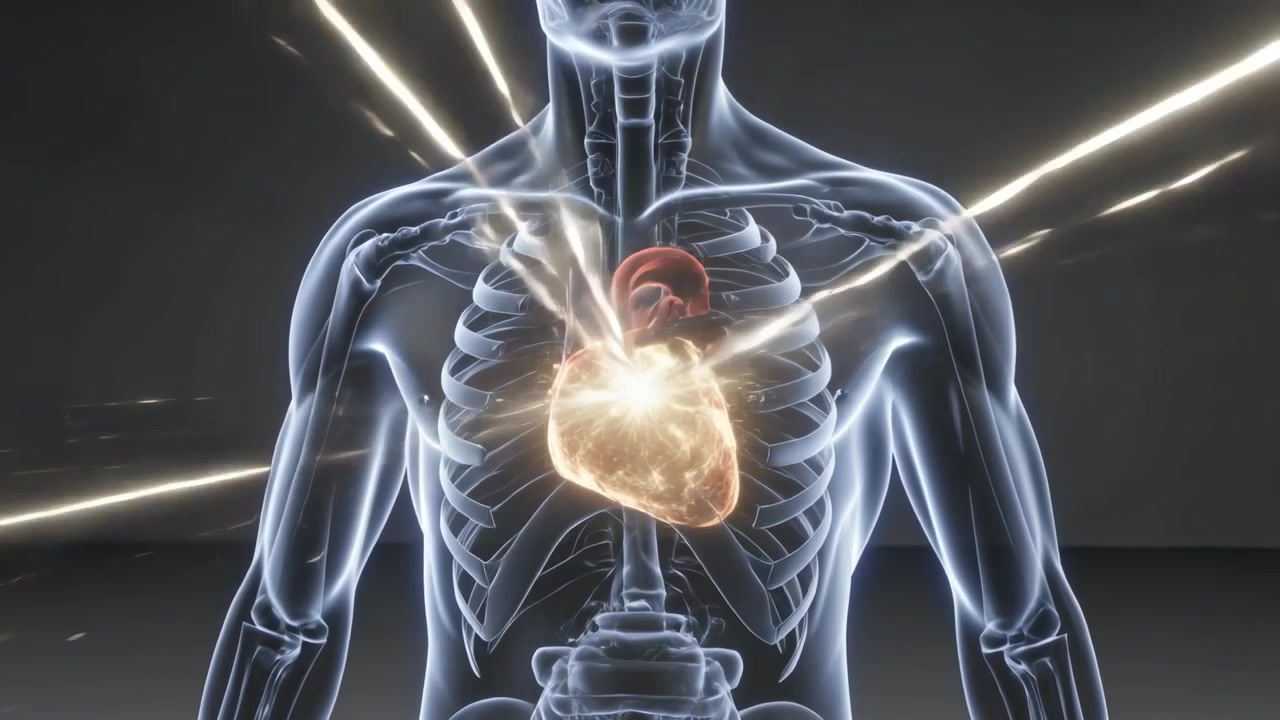 Strisce dorate entrano da destra, colpendo il cuore di un torso trasparente in uno studio grigio, energizzando il cuore.