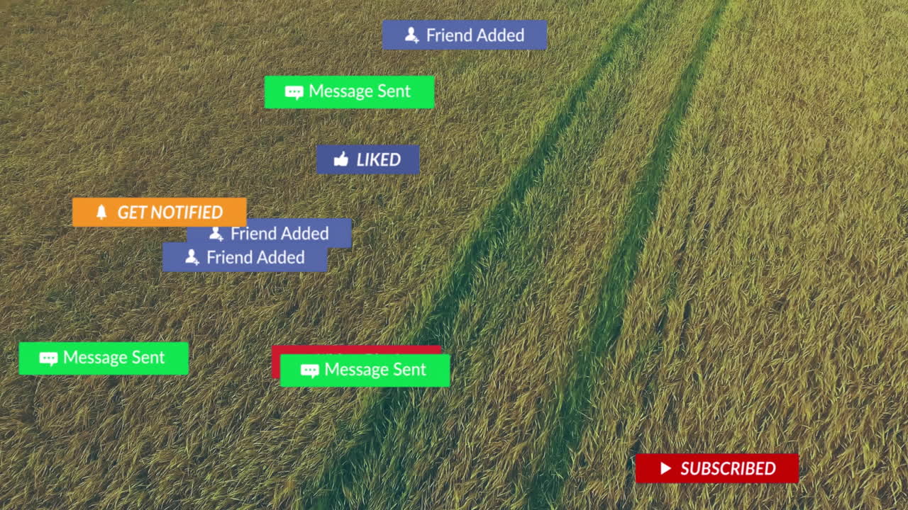 Orange GET NOTIFIED banner being highlighted over aerial farmland, with floating social media icons