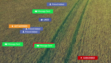 orange get notified banner being highlighted over aerial farmland, with floating social media icons