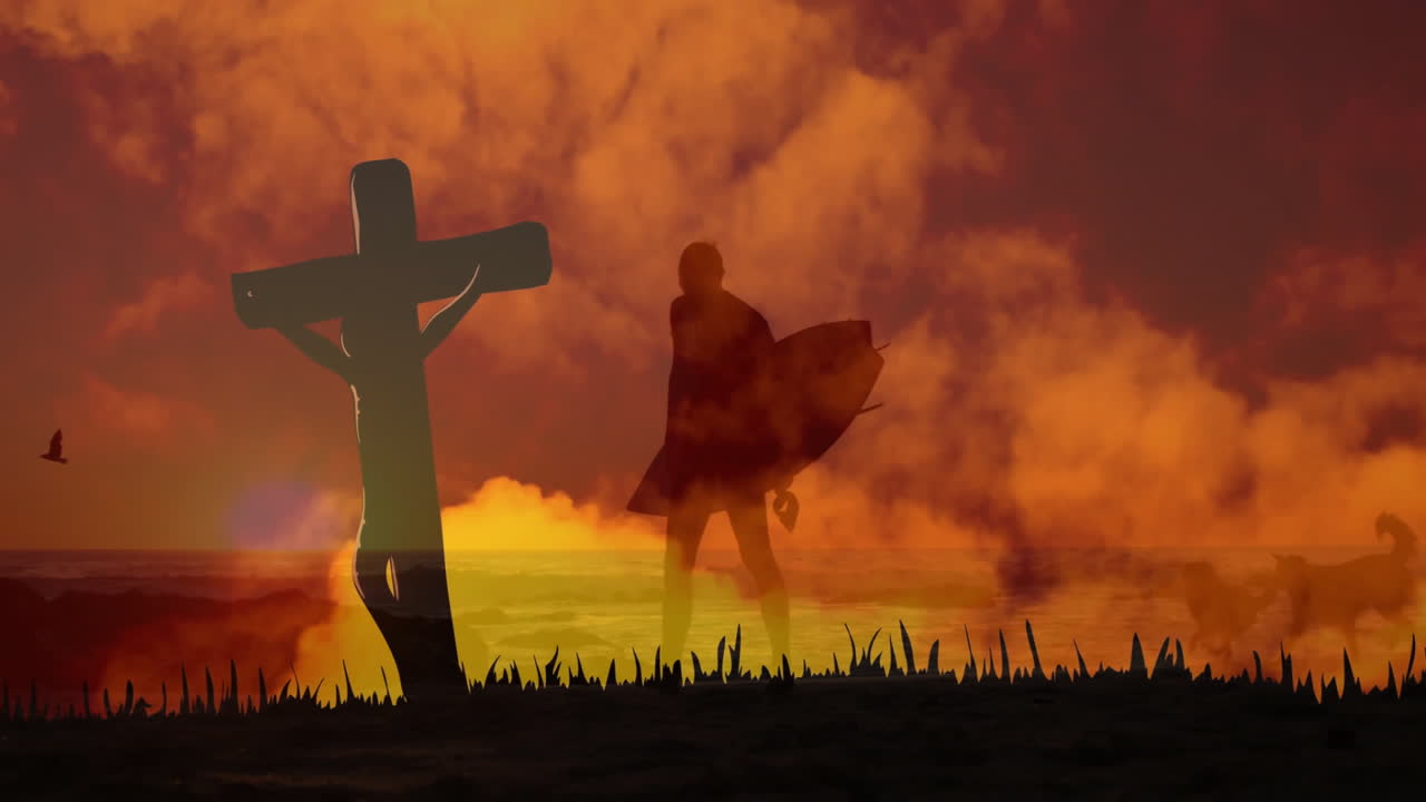 Walking near cross at sunset, surfer silhouette against dramatic sky