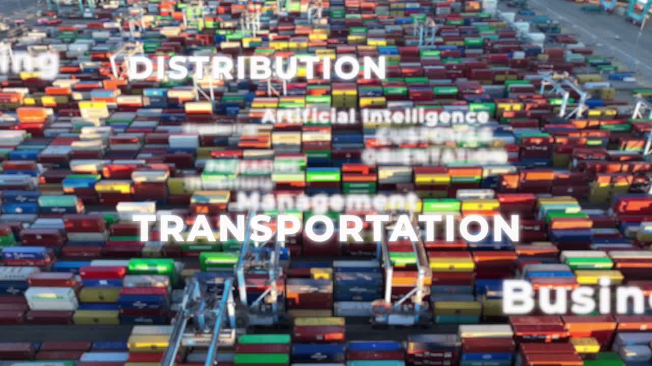 Shipping port with colorful containers. Logistics and distribution theme. Animation of relevant words overlayed blurred aerial footage.