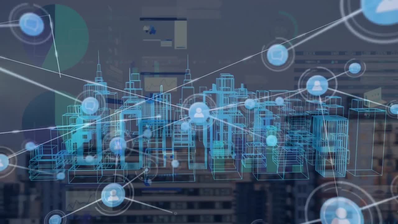 Animation of connections, graphs and metaverse city over cityscape