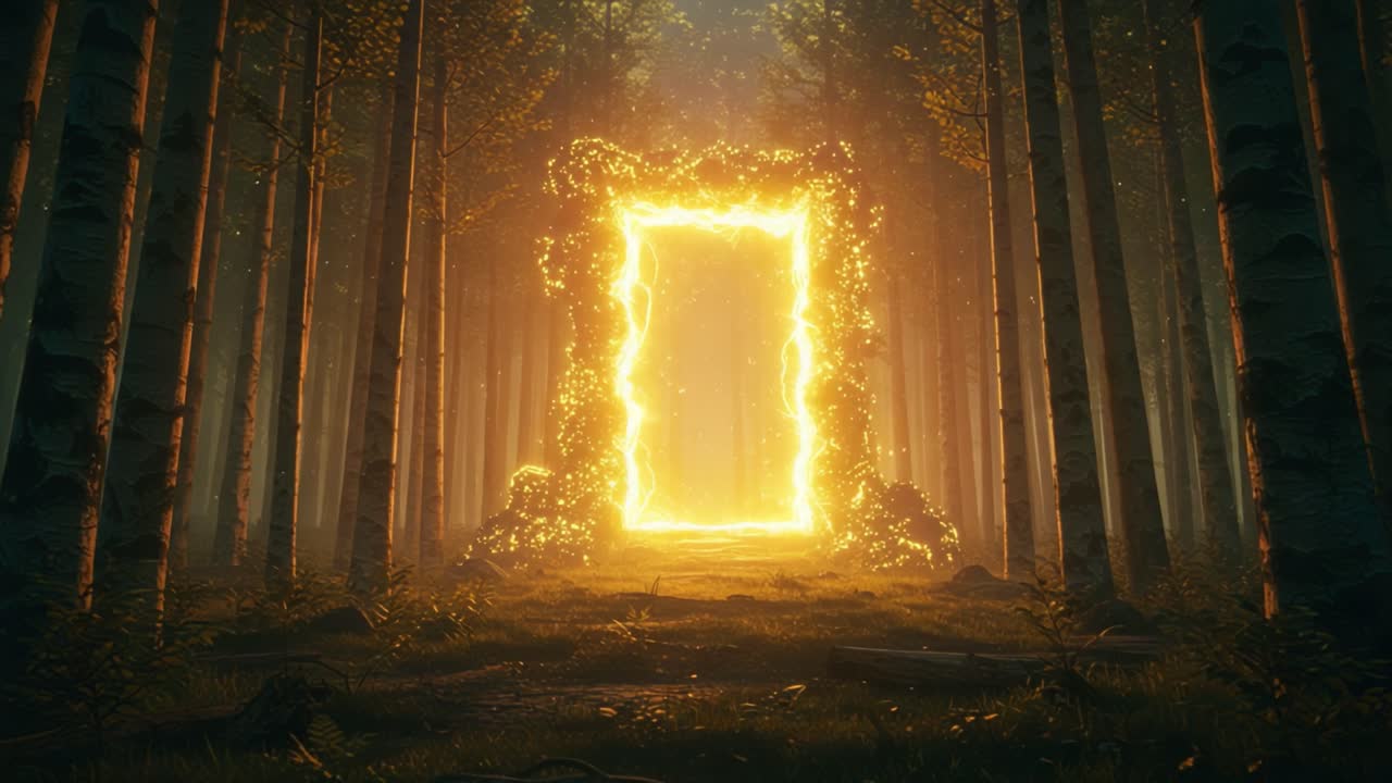 An Enigmatic Golden Portal Emerges from a Mystical Forest Bathed in Ethereal Light, Creating an Entrancing Scene of Nature's Enchantment and Wonder