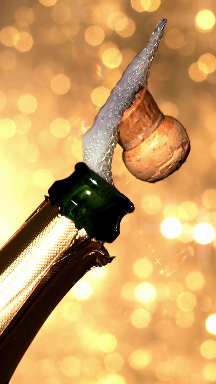 Bottiglia di Champagne che si Apre con Sfondo Dorato Scintillante