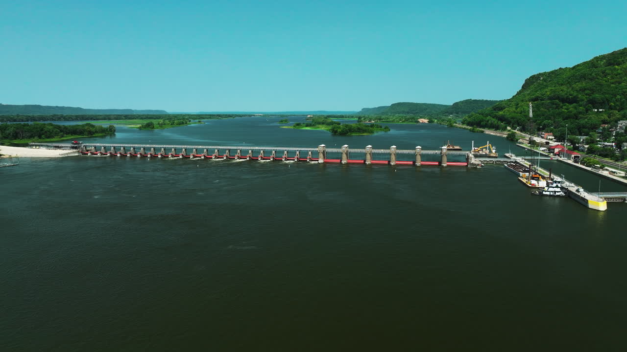 Drone flying above Lock and Dam No