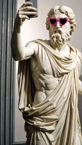 classical statue taking a selfie with heart sunglasses