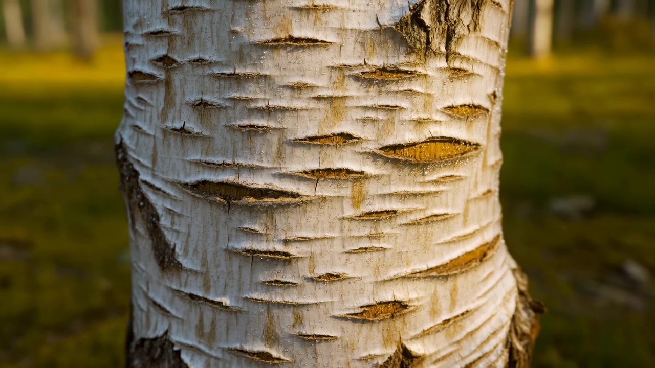 Tight shot of a birch trunk centered in frame showing papery white bark with horizontal peeling strips, dark fissures and textured grooves. Soft-focus grassy