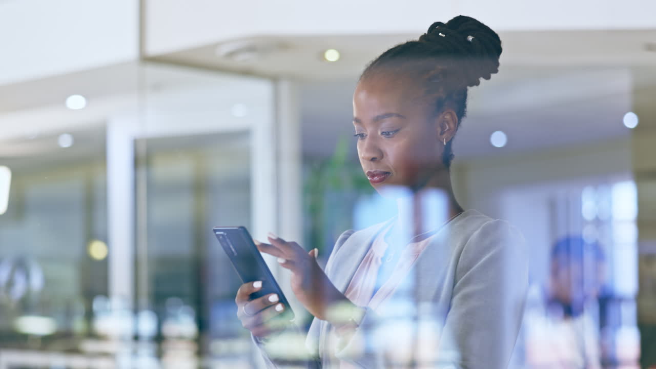 Phone, business and black woman texting in office