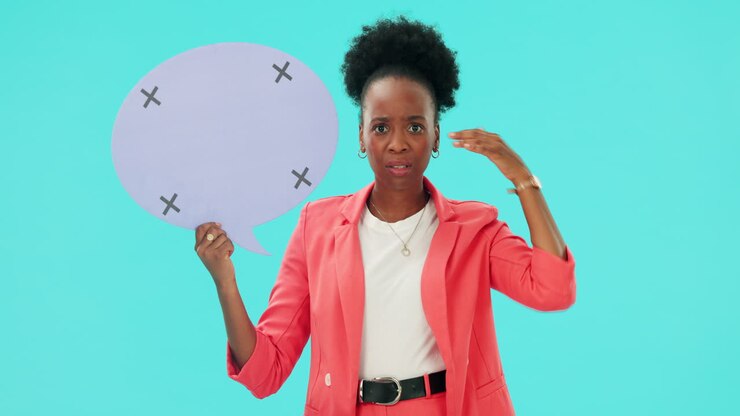 Speech bubble, fail and black woman face in studio