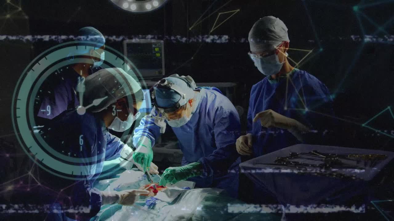 Animation of digital interface and clock over surgeons in operating theatre