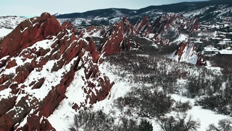 fresh snow sunny bluesky roxborogh state park golf course aerial drone colorado front range winter spring deep powder dramatic sharp pointy red rocks mountain landscape littleton denver forward reveal