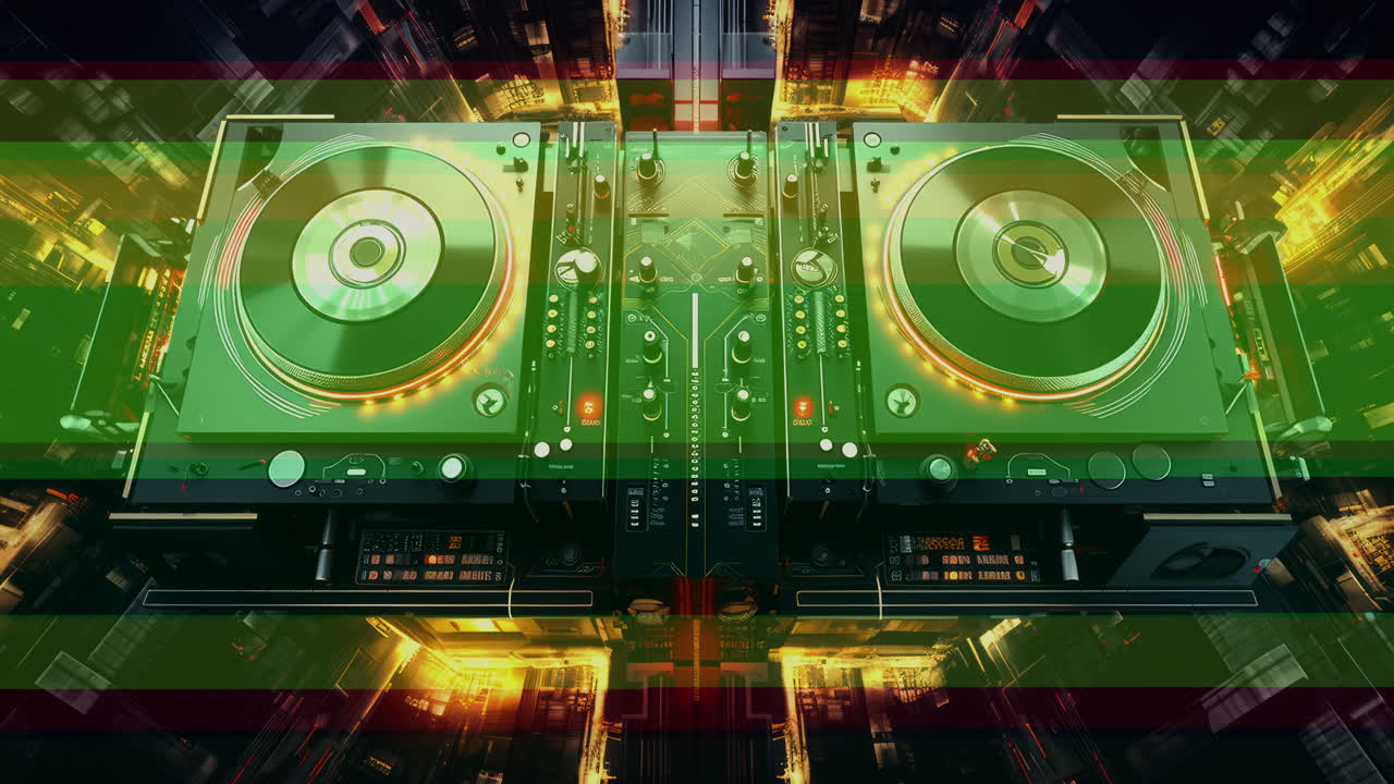 사이버 크 시의 스카이 라인과 dj 튜너 테이블