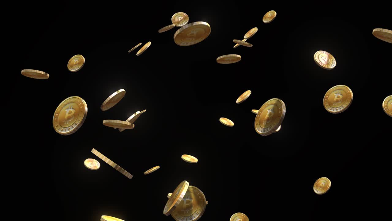 bitcoins de oro cayendo y girando sobre fondo negro animación 3d