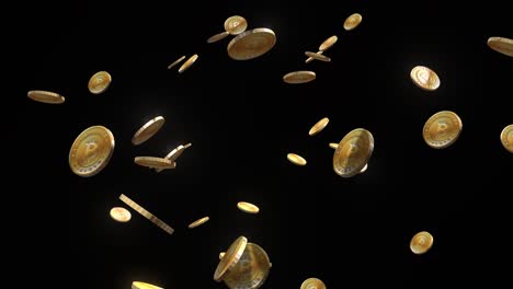 Gold-Bitcoins-Fallen-Und-Drehen-Sich-Auf-Schwarzem-Hintergrund,-3D-Animation