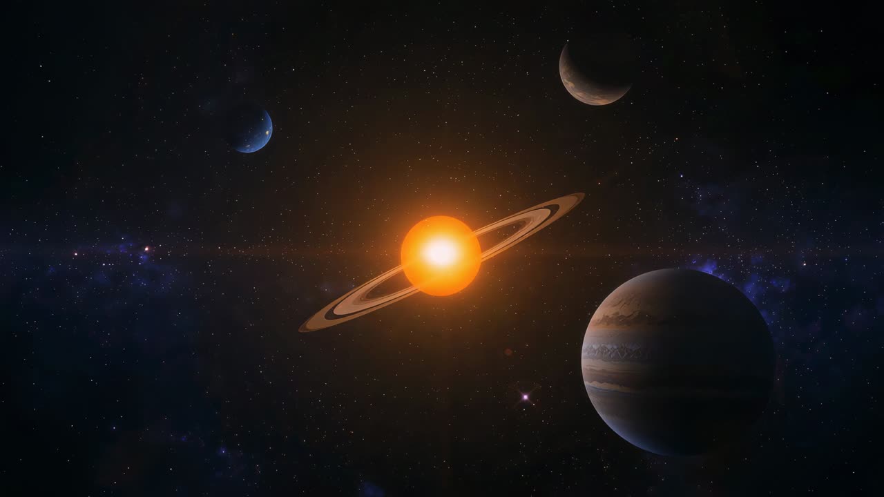 Flaring ringed star emitting flare, rotating rings in space, revealing gas giant moons orbiting