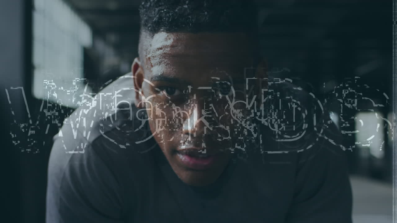 gracias texto en estilo grunge contra el primer plano de un hombre afroamericano en el gimnasio