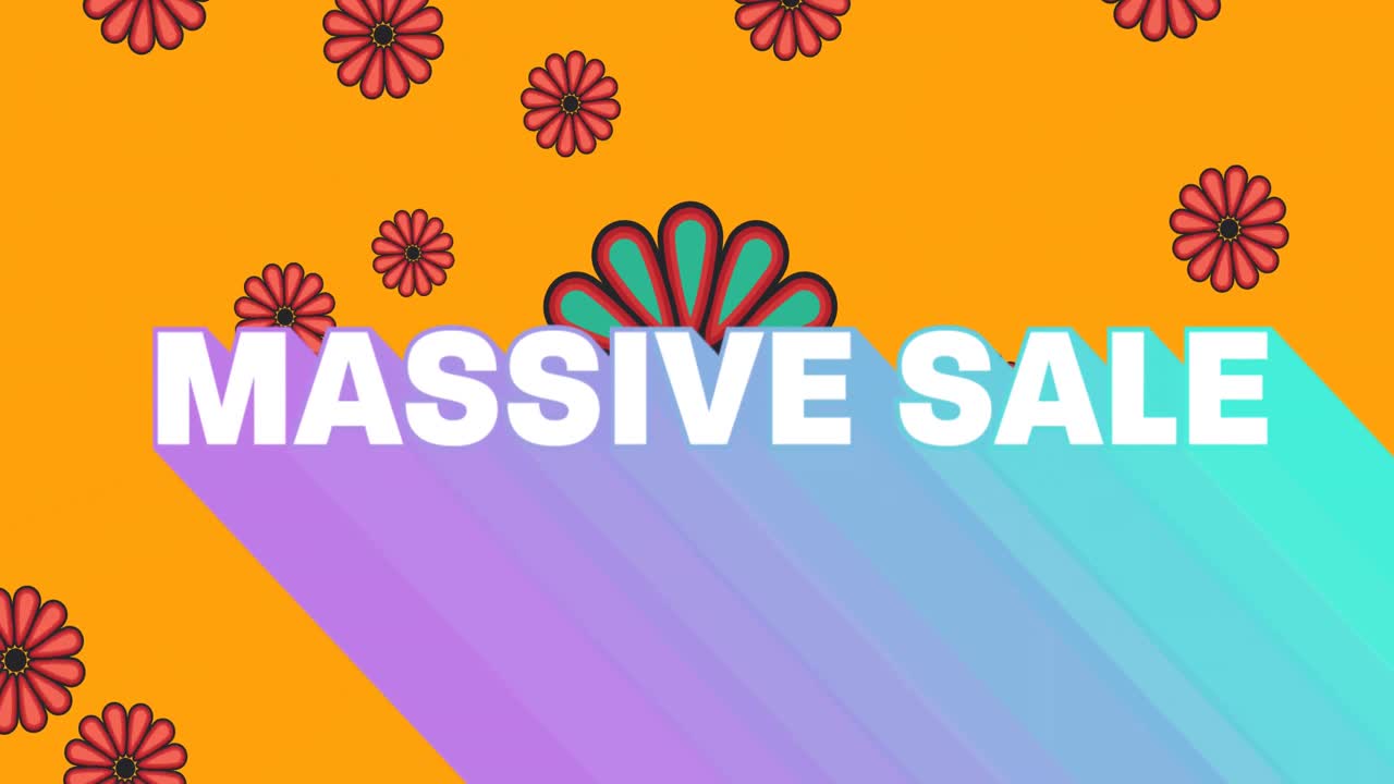 오렌지색 배경에 꽃 위에 대규모 판매 텍스트의 애니메이션