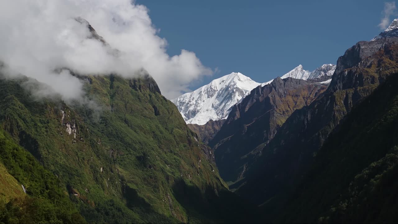 Rugged Himalays Mountains Landscape in Nepal, Rugged Rocky Mountain Scenery and Steep Green Valley in Dramatic Beautiful Nepal Landscape while Trekking and Hiking in Nepal