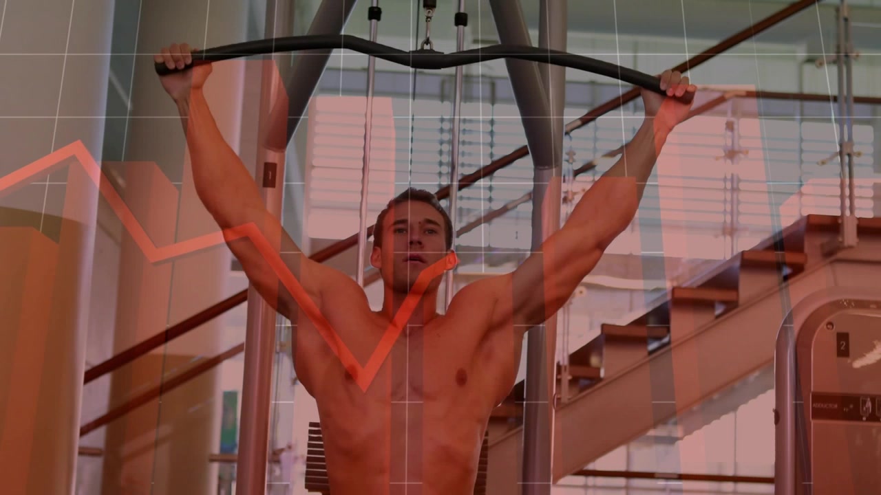 Male athlete gripping bar performing lat pulldown for fitness, red line overlay tracking reps