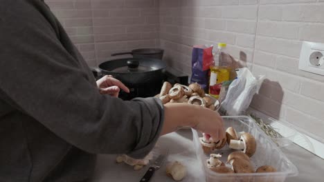 the hands of a woman cutting and cleaning the mushroom - close up