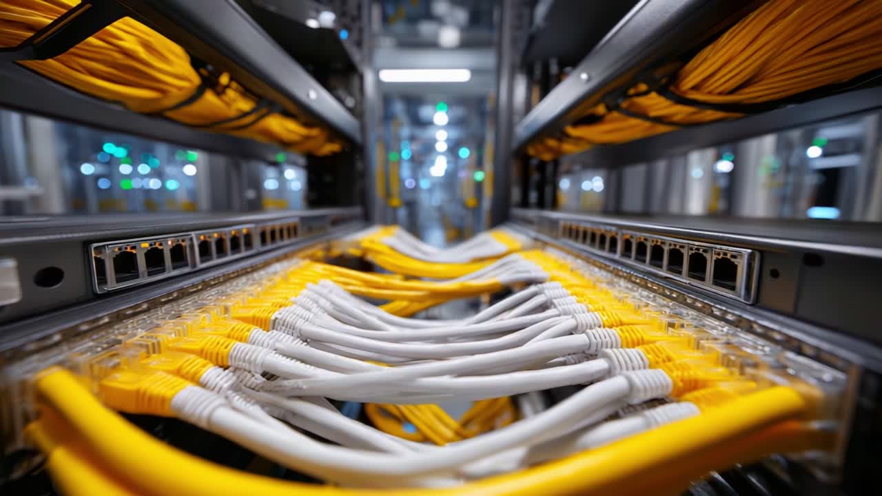 A Detailed View of Neatly Organized Data Cables in a Server Rack, Featuring Yellow and White Ethernet Cables Connecting Network Devices for Efficient Data Transfer