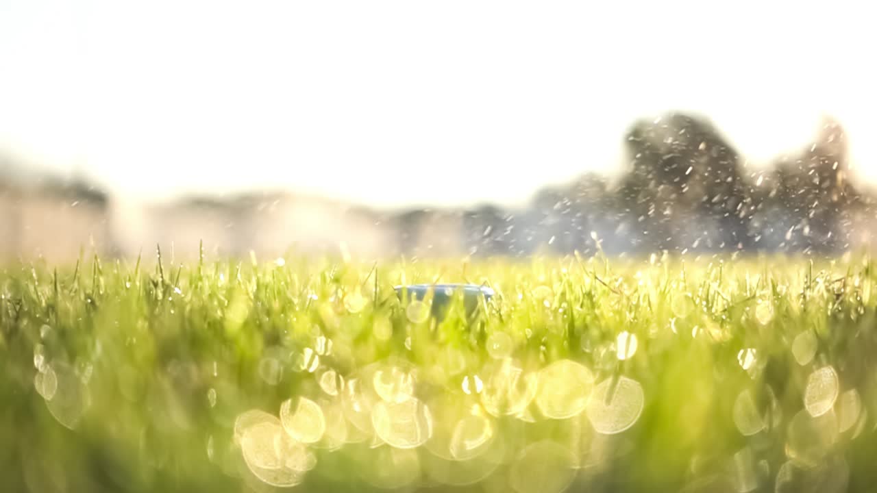 골프 클럽은 슈퍼 슬로우 모션으로 골프 공을 때립니다. 아침 이슬의 방울과 풀 입자가 충돌 후 공중에 올라갑니다.