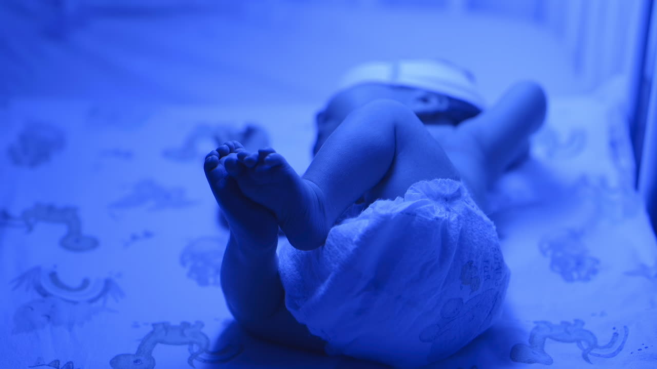 Close up of a newborn baby moving around on a crib mattress, wearing a diaper with calming blue lighting