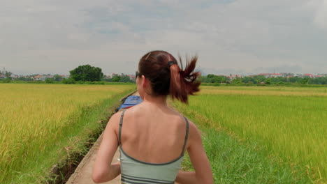 Beautiful-athletic-woman-jogging-in-slow-motion-along-path-through-rice-paddy-fields,-rear-view-follow