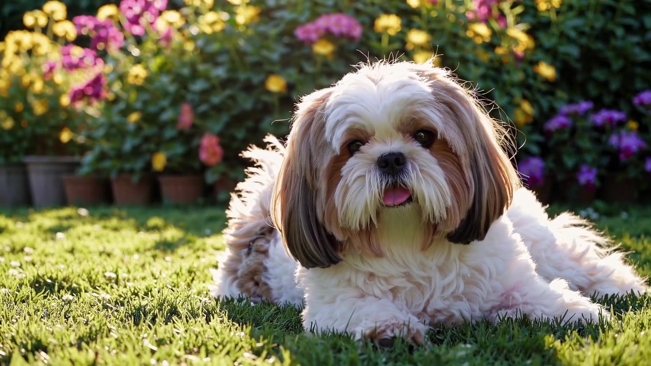Adorabile cane Shih Tzu che gioca e si rotola sull'erba in giardino