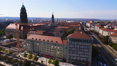 beautiful aerial top view flight dresden city women church frauenkirche city town germany, summer sunny blue sky day 23