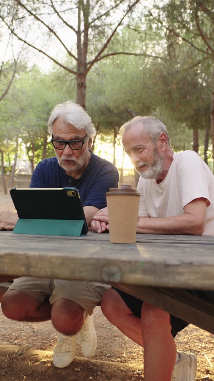 Due uomini anziani che usano un tablet a un tavolo da picnic nella foresta