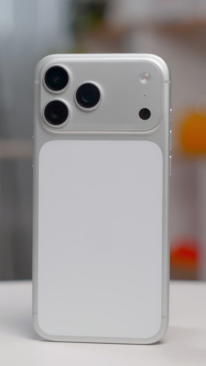 Smartphone moderno bianco con un nuovo sistema a tripla fotocamera in piedi su un tavolo in un soggiorno.