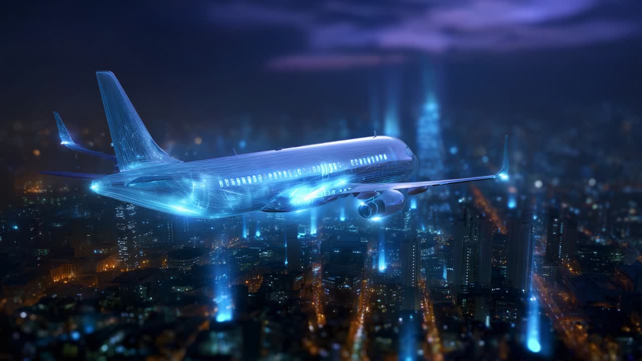Futuristic Aircraft Soaring Above a Dazzling Cityscape at Night, Illuminated by Vibrant Lights and Holographic Effects, Capturing the Essence of Modern Aviation and Urban Life