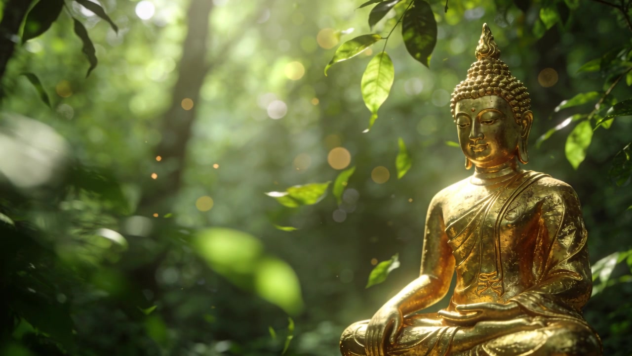 Brezza leggera che muove le foglie, polline che fluttua attraverso una radura luminosa, Buddha dorato a destra, spazio per il testo.