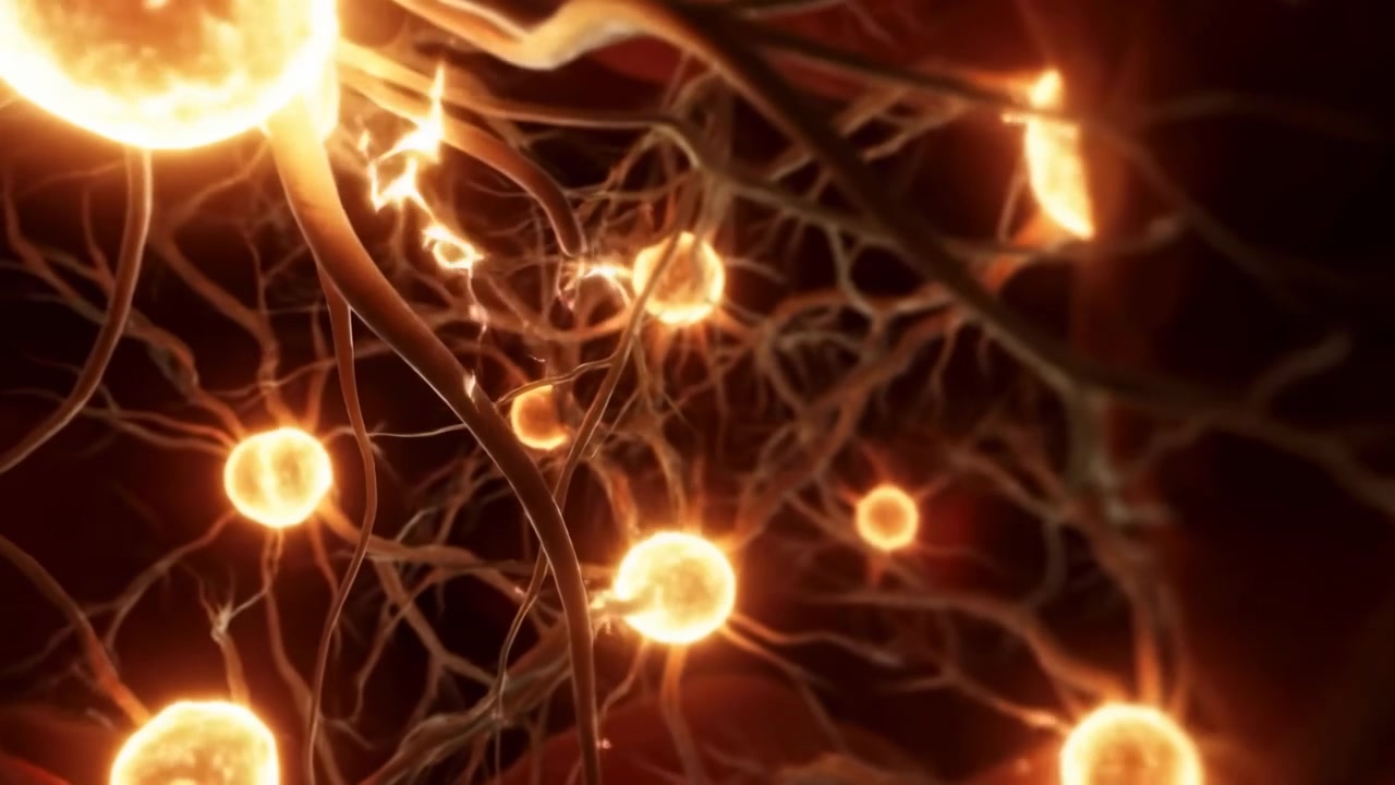 Abstract biological scene with bright orange spheres linked by dark branching strands, creating a neural and microscopic look with dramatic low-light contrast