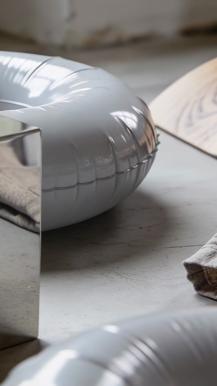 Panning camera revealing glossy white inflatable ring on studio floor, with metal block linen board