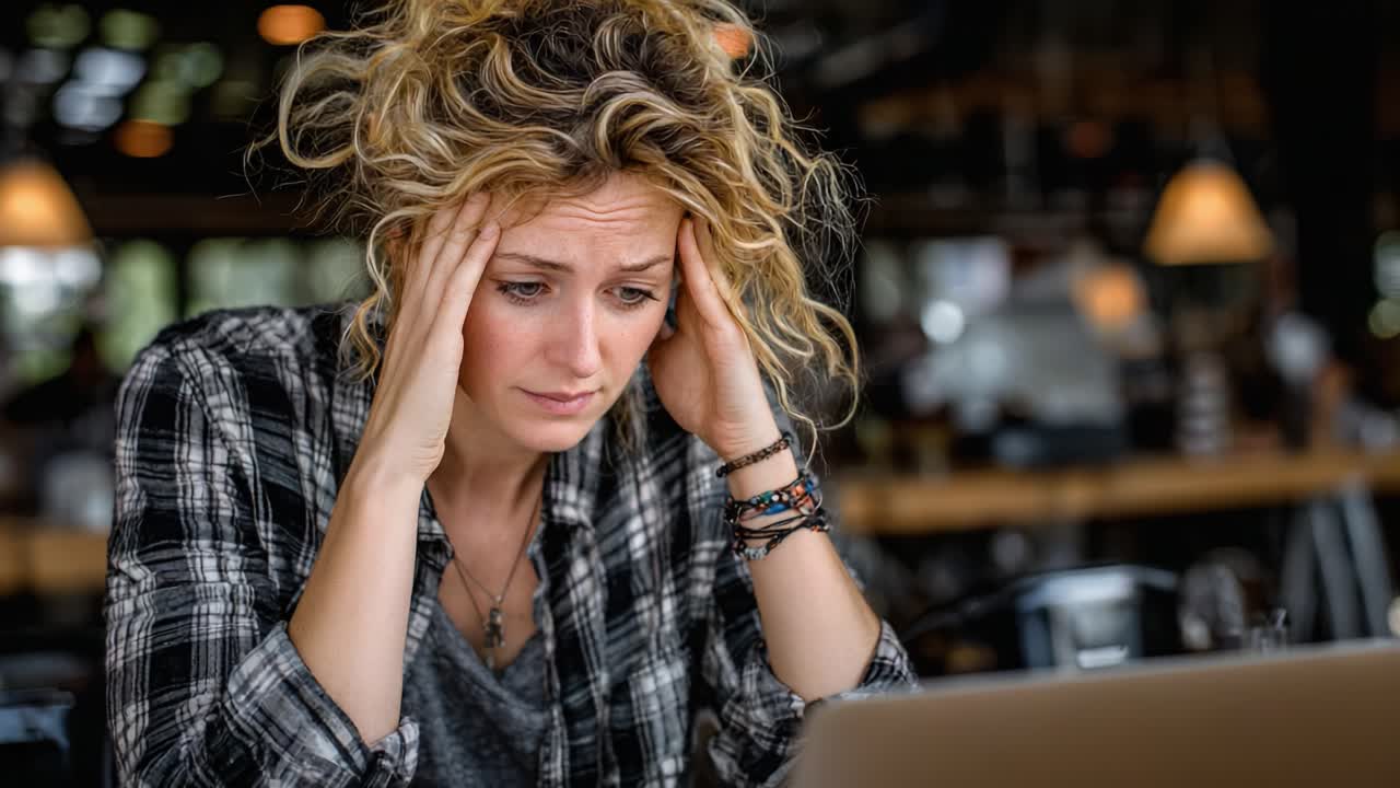 A Woman Experiencing Frustration and Stress While Working on Her Laptop in a Busy Café, Captured in a Moment of Overwhelming Emotion and Concentration