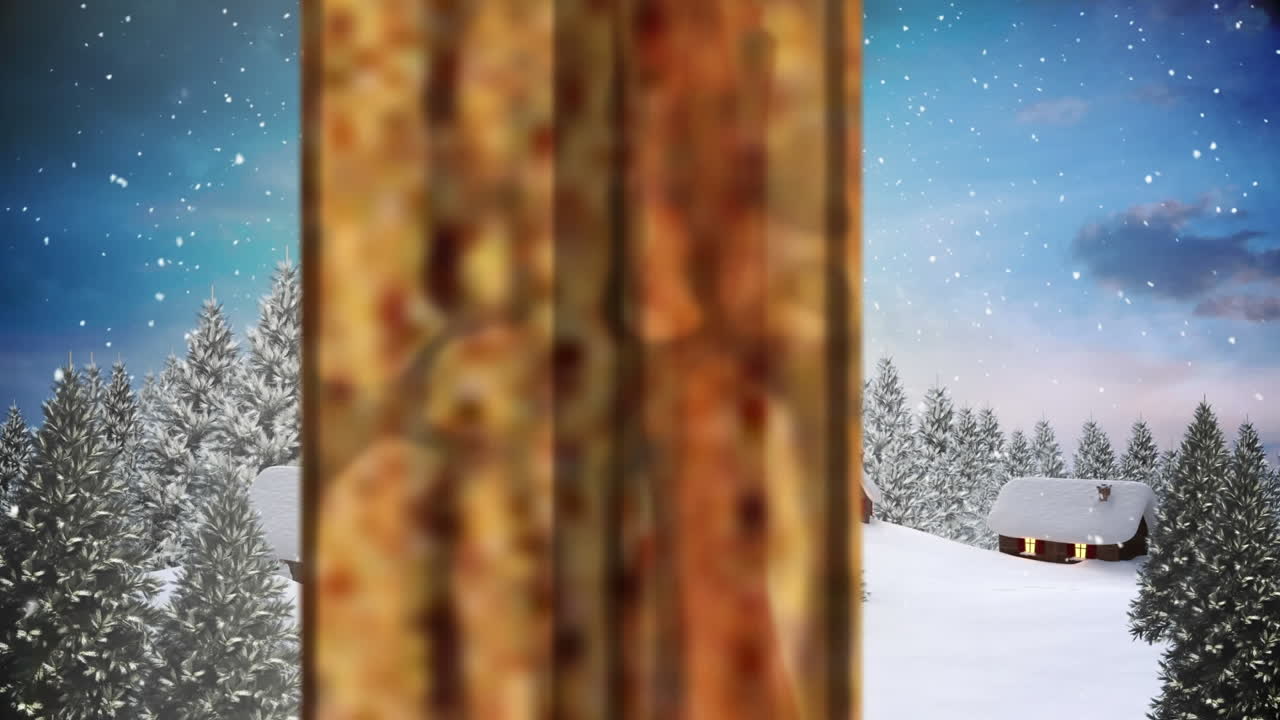 창문을 통해 볼 수 있는 겨울 풍경과 집의 애니메이션