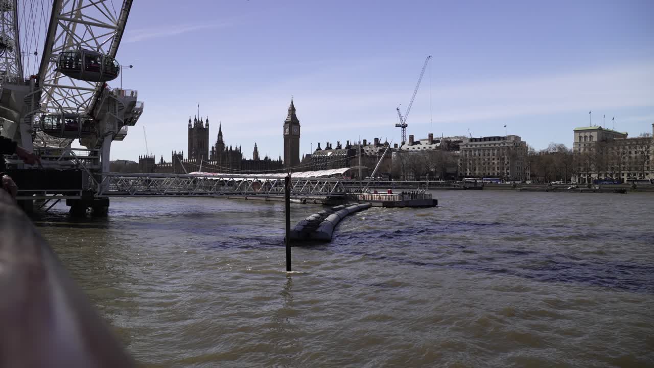 River view with London skyline and boat, bright daylight, calm scene
