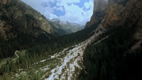 aerial of a drone flight over an old landslide in vallunga - langental in the italian alps