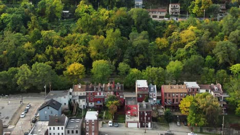 Aerial-truck-shot-of-rundown-homes,-houses-in-coal-region